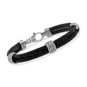 Phillip Gavriel Men's Black Leather Station Bracelet with Sterling Silver. 8.25"