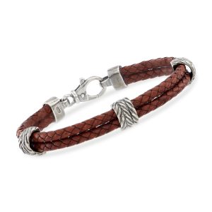 Phillip Gavriel Men's Brown Leather Station Bracelet with Sterling Silver. 8.25"