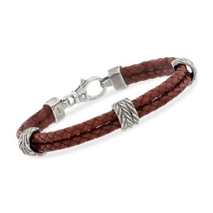 Phillip Gavriel Men's Brown Leather Station Bracelet with Sterling Silver. 8.25"