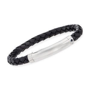 Phillip Gavriel Men's Black Leather and Sterling Silver Bracelet with Single Sapphire and Magnetic Clasp. 8.25"
