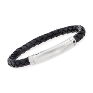 Phillip Gavriel Men's Black Leather and Sterling Silver Bracelet with Single Sapphire and Magnetic Clasp. 8.25"