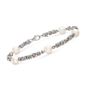 7mm Cultured Pearl Byzantine Station Bracelet in Sterling Silver
