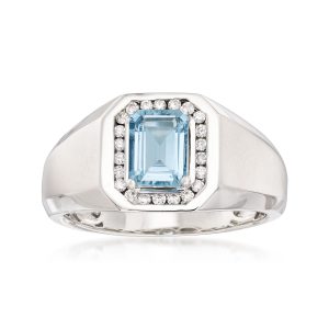 Men's 1.10 Carat Aquamarine and .22 ct. t.w. Diamond Ring in 14kt White Gold