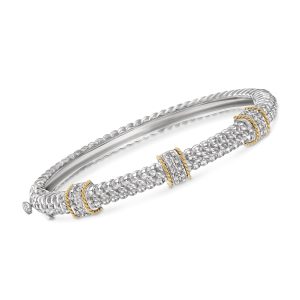 .11 ct. t.w. Diamond Station Bangle Bracelet in Sterling Silver and 14kt Yellow Gold