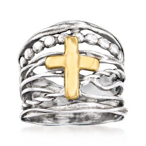 Sterling Silver and 14kt Yellow Gold Multi-Row Cross Ring