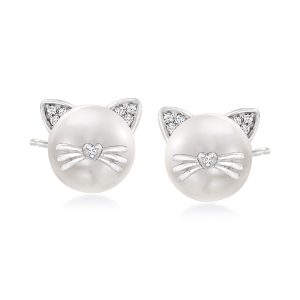 8-8.5mm Cultured Pearl Cat Earrings with Diamonds in Sterling Silver