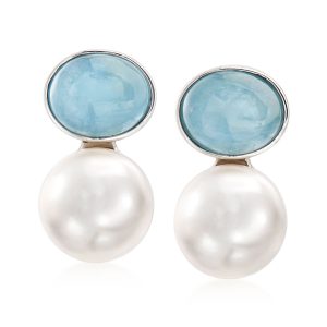 13.5-14mm Cultured Pearl and 10.00 ct. t.w. Aquamarine Earrings in Sterling Silver