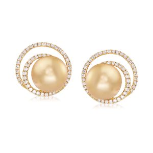 11mm Cultured Golden South Sea Pearl and .80 ct. t.w. Diamond Swirl Earrings in 18kt Yellow Gold