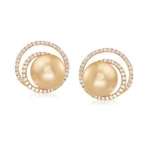 11mm Cultured Golden South Sea Pearl and .80 ct. t.w. Diamond Swirl Earrings in 18kt Yellow Gold
