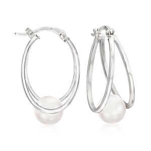 8-9mm Cultured Pearl Double-Hoop Earrings in Sterling Silver. 1"