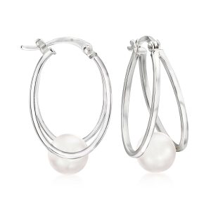 8-9mm Cultured Pearl Double-Hoop Earrings in Sterling Silver. 1"