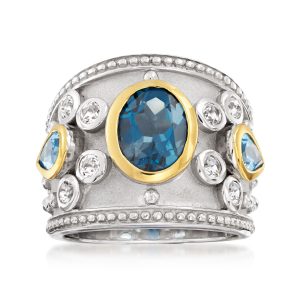 3.70 ct. t.w. London Blue, Swiss Blue and White Topaz Ring in Sterling Silver with 14kt Yellow Gold
