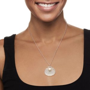 Italian Cultured Pearl Seashell Pendant Necklace in Sterling Silver. 18"