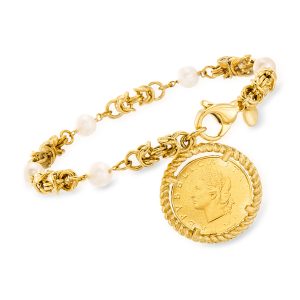 Italian 6mm Cultured Pearl and Replica Lira Coin Byzantine Bracelet in 18kt Gold Over Sterling