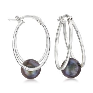 8-9mm Black Cultured Pearl Double-Hoop Earrings in Sterling Silver. 1"