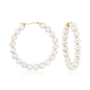 6-7mm Cultured Pearl Hoop Earrings in 14kt Yellow Gold. 1 7/8"