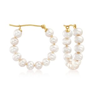 4-5mm Cultured Pearl Hoop Earrings in 14kt Yellow Gold. 7/8"