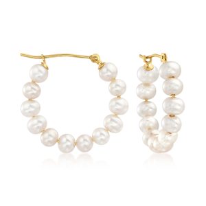 4-5mm Cultured Pearl Hoop Earrings in 14kt Yellow Gold. 7/8"