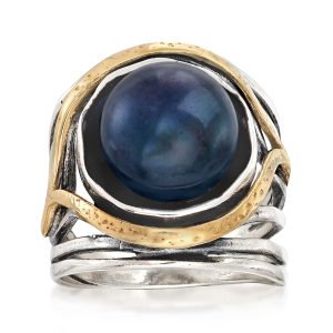11.5-12mm Black Cultured Pearl Openwork Ring in Sterling Silver and 14kt Yellow Gold