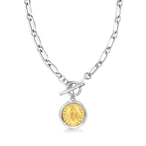 Italian Sterling Silver and 18kt Gold Over Sterling Replica Bumblebee Lira Coin Paper Clip Link Toggle Necklace