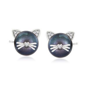 8-8.5mm Black Cultured Pearl Cat Earrings with Diamonds in Sterling Silver