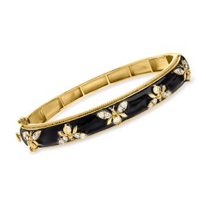 1.40 ct. t.w. White Topaz and Black Enamel Bumblebee Bangle Bracelet in 18kt Gold Over Sterling