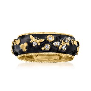 .30 ct. t.w. White Topaz and Black Enamel Bumblebee Ring in 18kt Gold Over Sterling