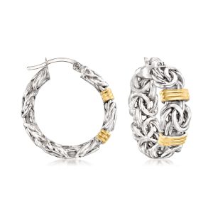 Sterling Silver and 14kt Yellow Gold Byzantine Station Hoop Earrings. 1 1/8"