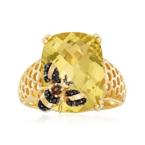 8.75 Carat Lemon Quartz Bumblebee Ring with Smoky Quartz and Black Spinels in 18kt Gold Over Sterling