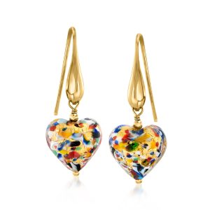 Italian Multicolored Murano Glass Heart Drop Earrings in 18kt Gold Over Sterling
