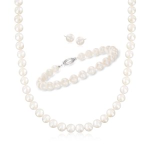 7-7.5mm Cultured Pearl Jewelry Set: Necklace, Bracelet and Stud Earrings in Sterling Silver