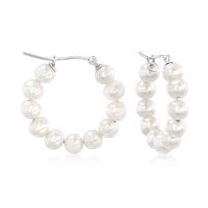 4-5mm Cultured Pearl Hoop Earrings in Sterling Silver. 7/8"