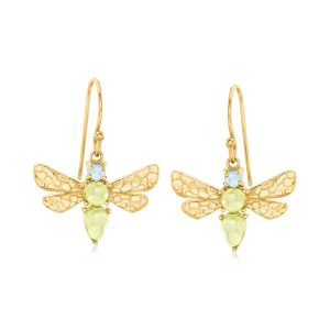 1.80 ct. t.w. Peridot and .30 ct. t.w. Swiss Blue Topaz Dragonfly Drop Earrings in 18kt Gold Over Sterling