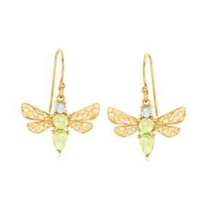 1.80 ct. t.w. Peridot and .30 ct. t.w. Swiss Blue Topaz Dragonfly Drop Earrings in 18kt Gold Over Sterling