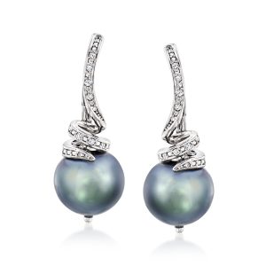 10-11mm Black Cultured Pearl and .10 ct. t.w. Diamond Drop Earrings in Sterling Silver
