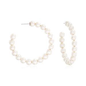 6-7mm Cultured Pearl Hoop Earrings in Sterling Silver. 1 3/4"