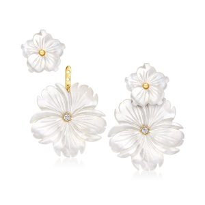 Mother-of-Pearl and .20 ct. t.w. White Topaz Flower Removable Drop Earrings with 18kt Gold Over Sterling