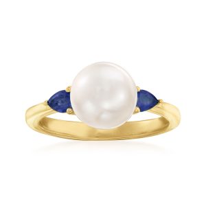 8mm Cultured Pearl and .30 ct. t.w. Sapphire Ring in 18kt Gold Over Sterling