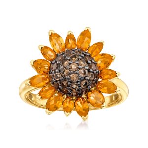 1.70 ct. t.w. Citrine and .80 ct. t.w. Smoky Quartz Sunflower Ring in 18kt Gold Over Sterling