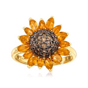 1.70 ct. t.w. Citrine and .80 ct. t.w. Smoky Quartz Sunflower Ring in 18kt Gold Over Sterling