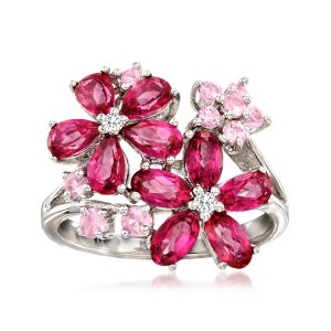 3.23 ct. t.w. Multi-Gemstone Flower Ring with Diamonds in Sterling Silver