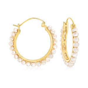 3-3.5mm Cultured Pearl Hoop Earrings in 18kt Gold Over Sterling. 1 1/4"