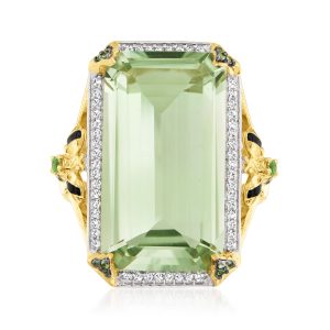 16.00 Carat Prasiolite and .20 ct. t.w. White Topaz Bumblebee Ring with Black Enamel in 18kt Gold Over Sterling