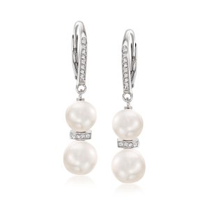 7.5-9mm Cultured Pearl and .15 ct. t.w. Diamond Drop Earrings in Sterling Silver