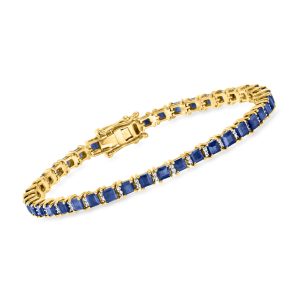 10.00 ct. t.w. Sapphire and .50 ct. t.w. Diamond Tennis Bracelet in 18kt Gold Over Sterling