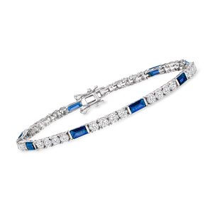 3.90 ct. t.w. CZ and 3.20 ct. t.w. Simulated Sapphire Tennis Bracelet in Sterling Silver