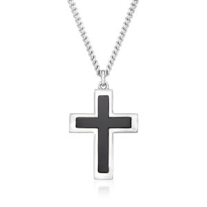 Men's Onyx Cross Pendant Necklace in Sterling Silver and Stainless Steel. 24"