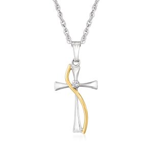 Sterling Silver and 14kt Yellow Gold Cross Pendant Necklace with Single Diamond