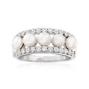 4.5mm Cultured Pearl and .70 ct. t.w. White Topaz Ring in Sterling Silver