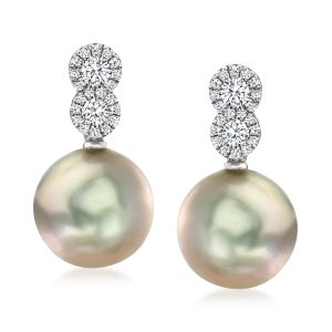 10-10.5mm Black Cultured Tahitian Pearl Drop Earrings with .33 ct. t.w. Diamonds in 14kt White Gold